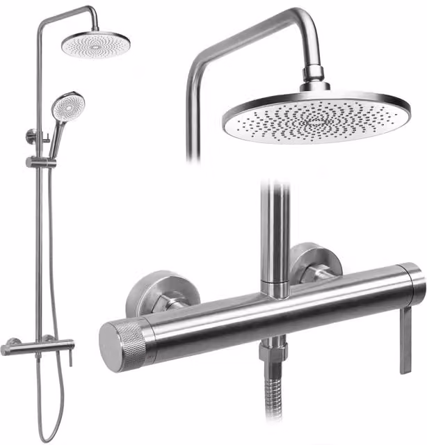Set Doccia Rea con Colonna Rigida e Doccino in Ottone, Finitura Nickel Spazzolato Argento – 1