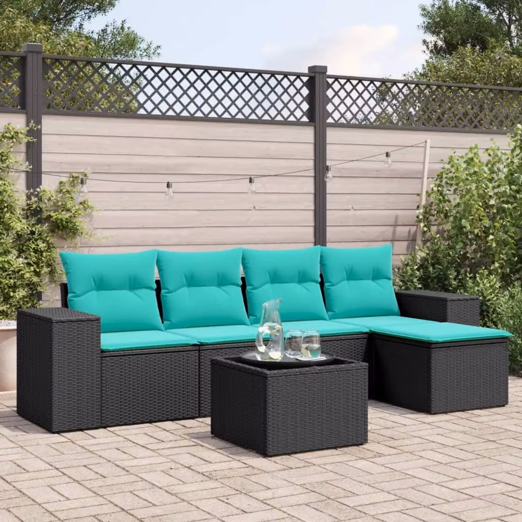 Set da giardino vidaXL in polyrattan nero composto da 6 pezzi con cuscini inclusi e tavolino da caffè