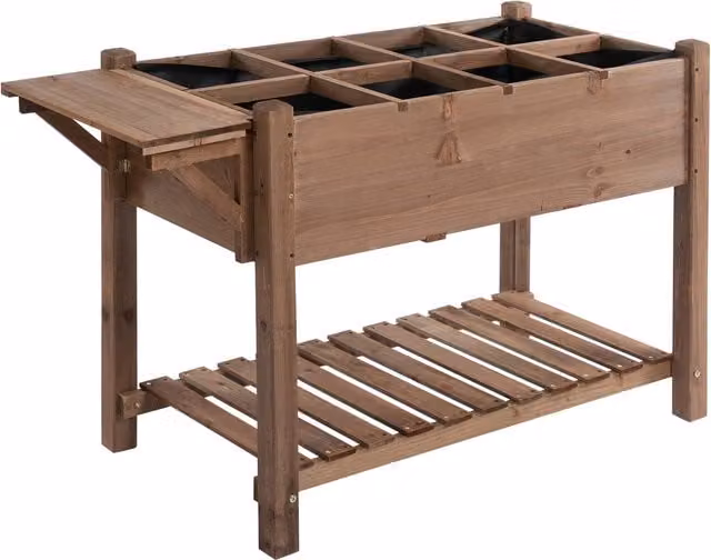 Letto per orto rialzato in legno Outsunny marrone con ripiano pieghevole e mensola inferiore L: 123 cm, P: 54 cm, H: 74 cm