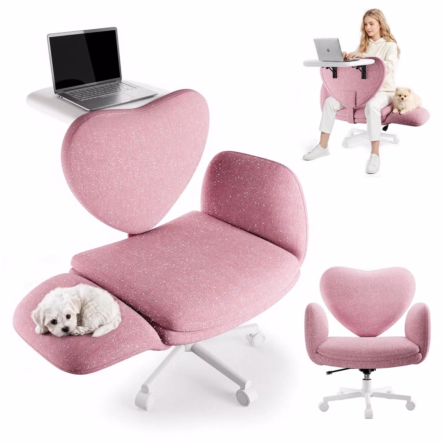 Sedia da ufficio ergonomica - Piano del tavolo pieghevole - Seduta ampia - Braccioli regolabili in 5 posizioni - Regolabile in altezza - Ruote - Rosa glitterato