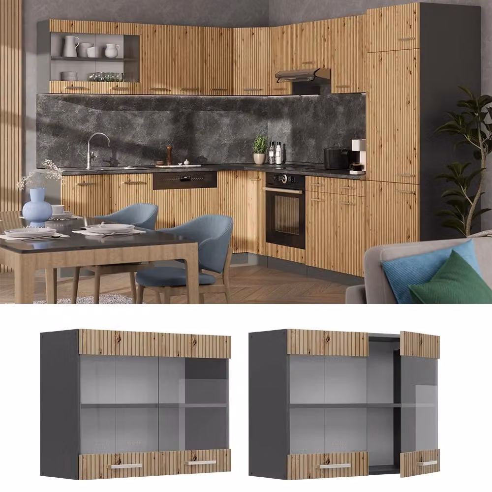 Pensile da cucina Vicco R-Line con ante in vetro, colore Rovere e Antracite, L: 80 cm, H: 60 cm, P: 31 cm – 2