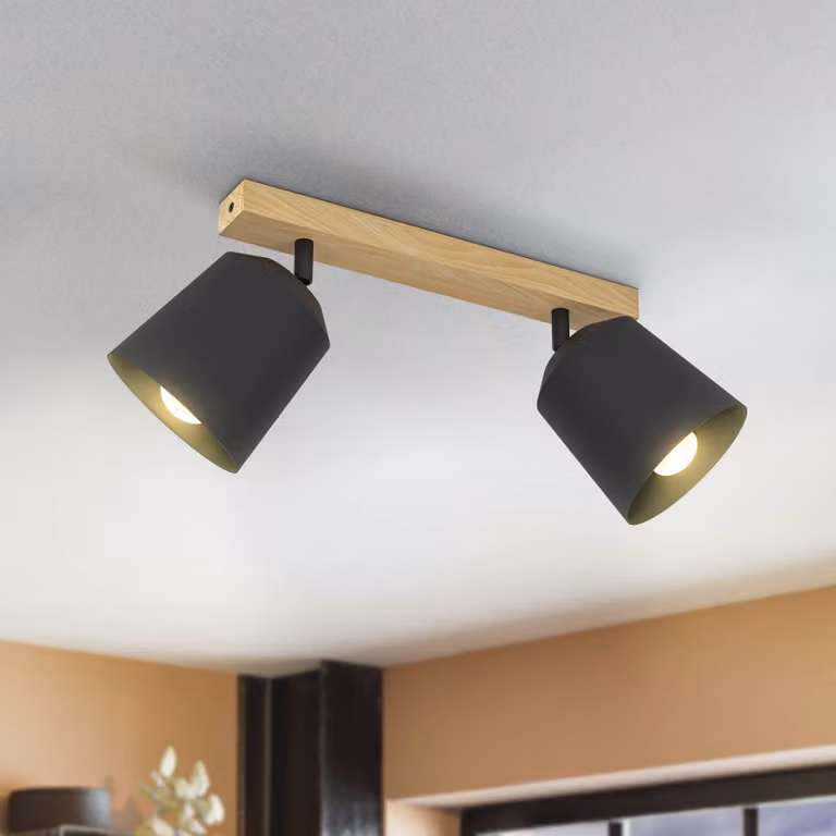 EGLO Cotorro faretto a soffitto, 2 luci Cotorro, dimmerabile, Nero, Soggiorno / Sala da pranzo, Legno, Faretto