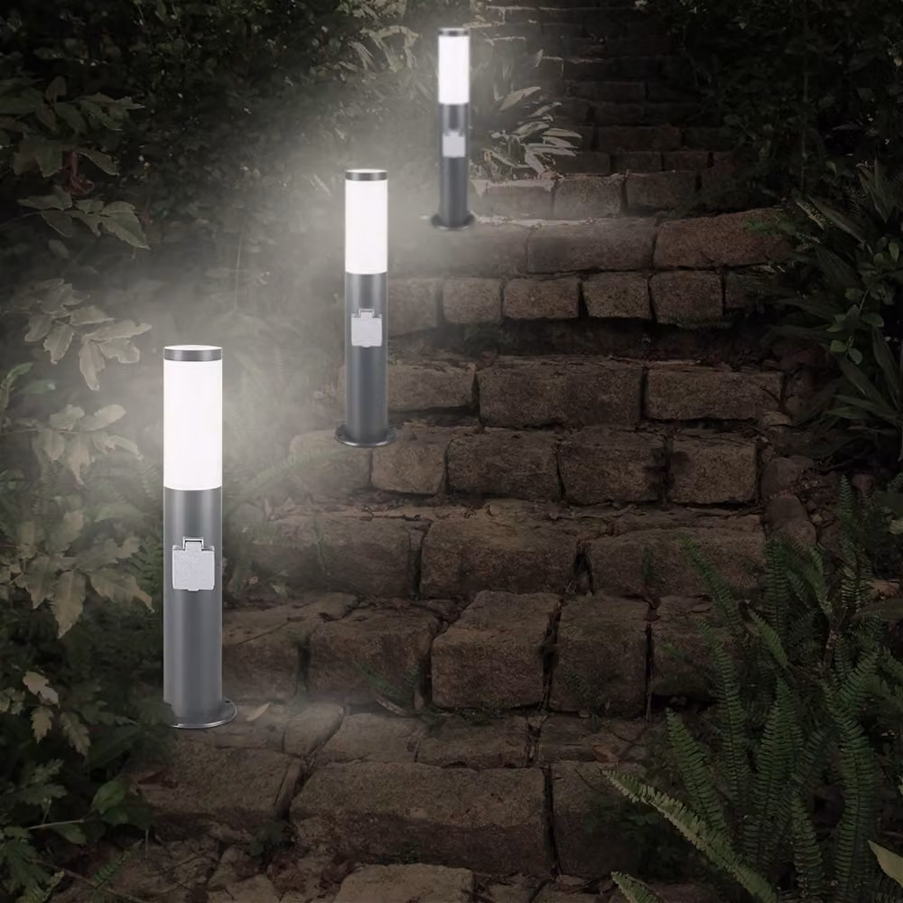 Palo Luminoso da Esterno Monzana con Sensore di Movimento in Acciaio Inox e Metallo, Colore Grigio/Nero, IP44, Attacco E27 – 2