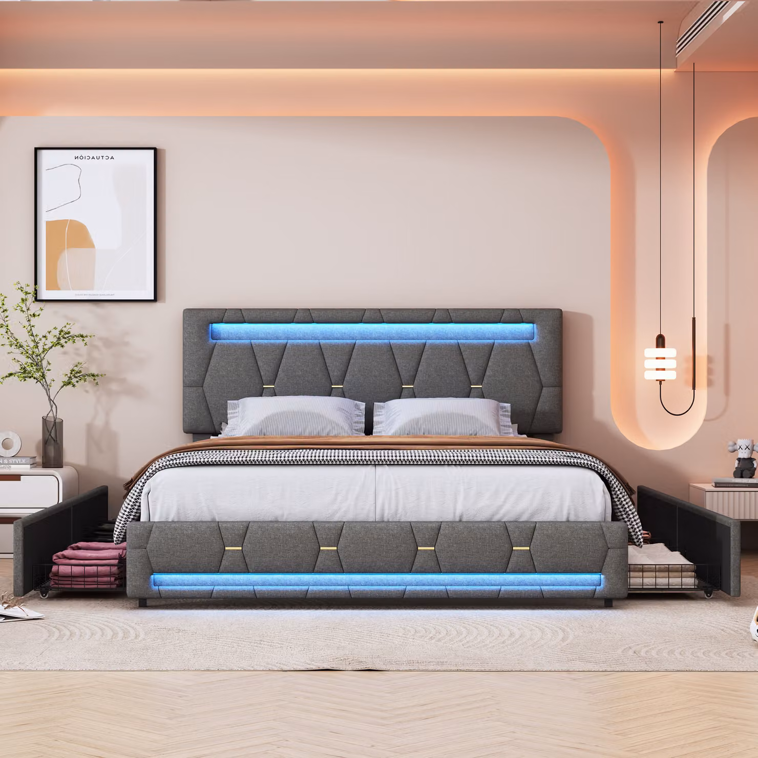 Letto 160x200, letto imbottito con 4 cassetti contenitore e LED, struttura del letto con doghe in legno, schienale letto contenitore letto per ragazzi letto per bambini