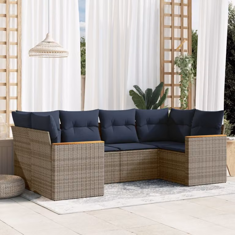 Set di divani da giardino vidaXL in polyrattan grigio con cuscini, design moderno a forma di L per 6 persone