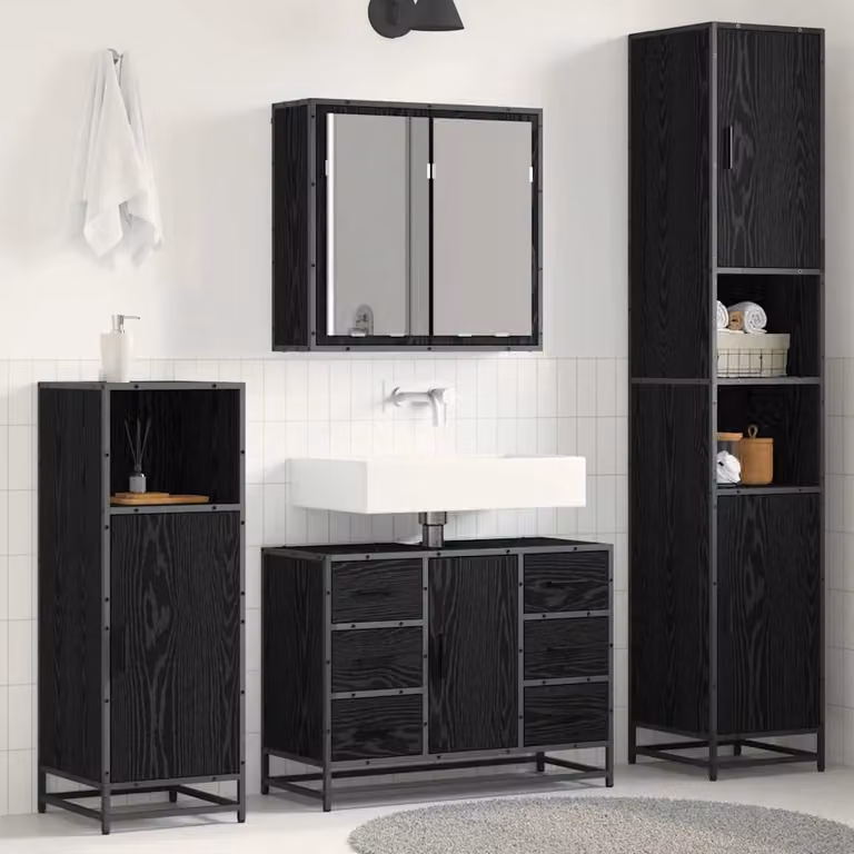 Set di mobili per il bagno moderno vidaXL in 3 pezzi, colore nero e rovere, con armadietto con specchio, mobile lavabo e colonna alta, L/P/H: 80 x 33 x 188,5 cm