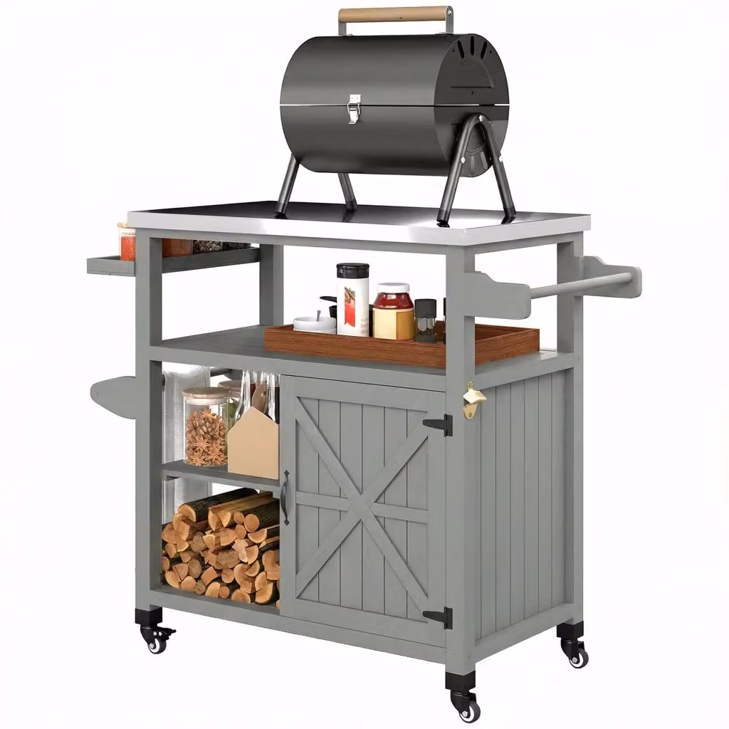 Carrello per barbecue Minimal con ripiano in acciaio inossidabile e struttura in metallo e legno di abete, Grigio, L: 107 cm, P: 49.5 cm, H: 92.5 cm – 2