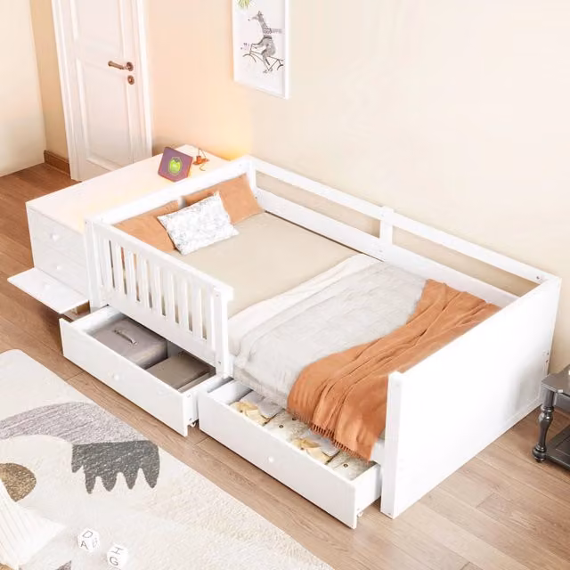 Letto per Bambini 90x200 cm Multifunzionale con Contenitore Separato; Cassetti; Presa; LED e Barriera di Sicurezza; Bianco