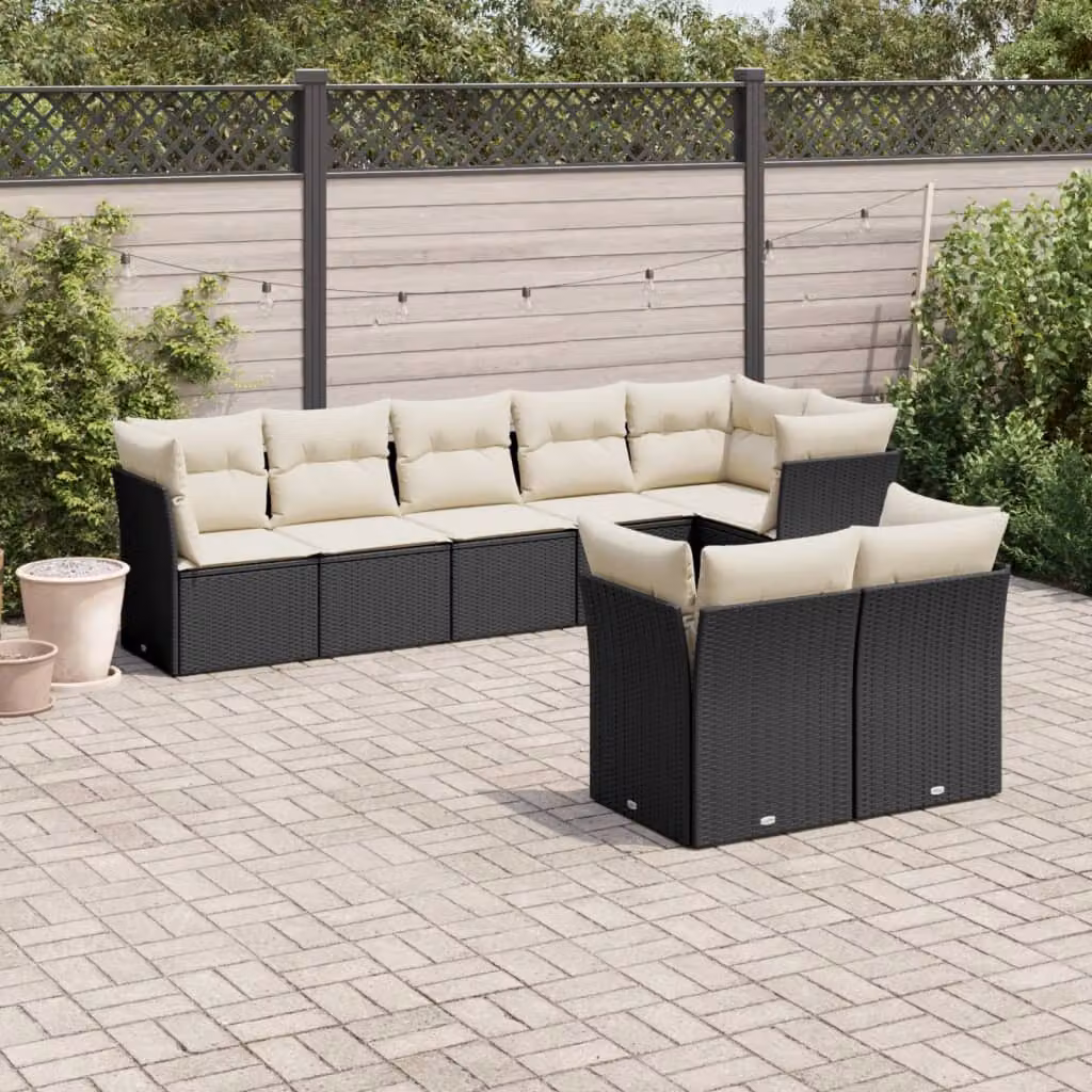 Set di divani da giardino vidaXL in polyrattan nero con 8 cuscini imbottiti e coperture rimovibili – 1