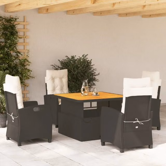 Set da Pranzo da Giardino 5 pz Nero con Cuscini in Polyrattan 3277376
