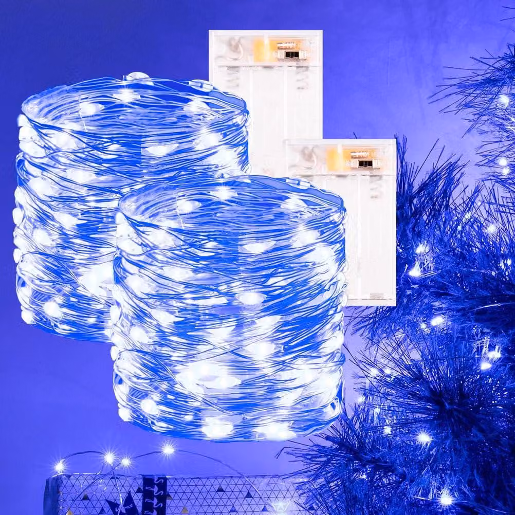 Confezione da 2 luci a LED blu, lunghezza 10 metri, 100 LED, con timer, impermeabili