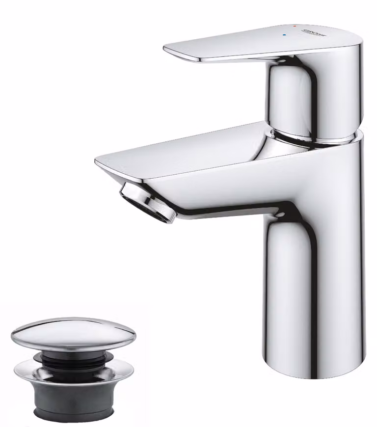 Miscelatore per lavabo, cromato, 15 cm, con tappo a spinta e scarico, monoblocco