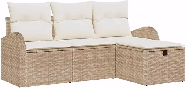 Set Divano da Giardino con cuscino 4 pz | Set Salotto da Giardino Beige Poly Rattan