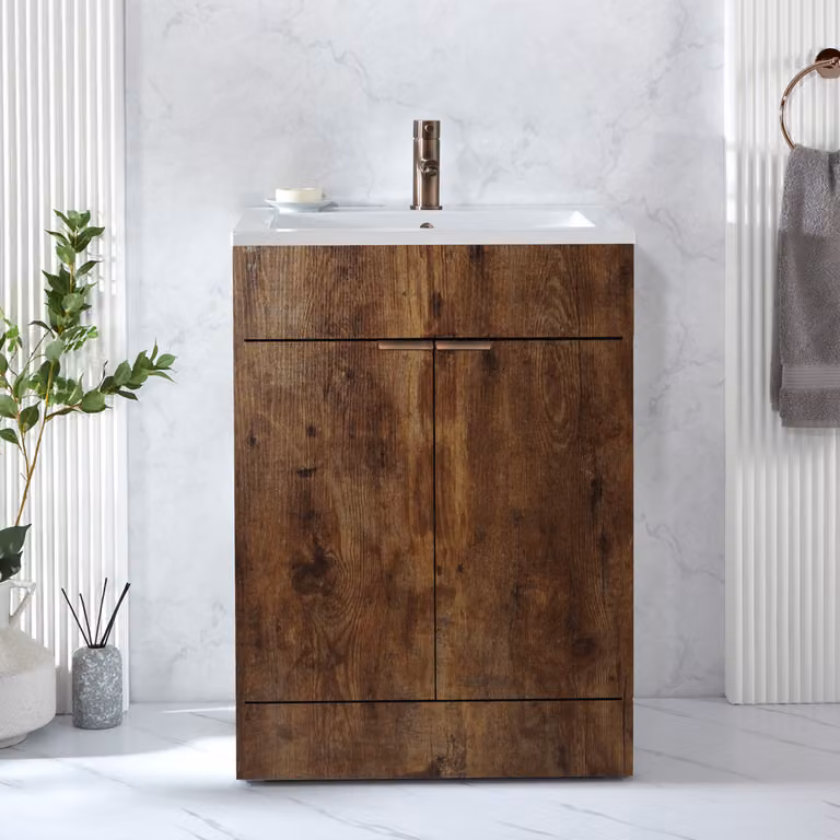 Mobile Bagno a Terra Rovere Scuro da 610mm con Lavabo e Maniglie con Impugnatura a Dito in Bronzo Spazzolato - Cluo