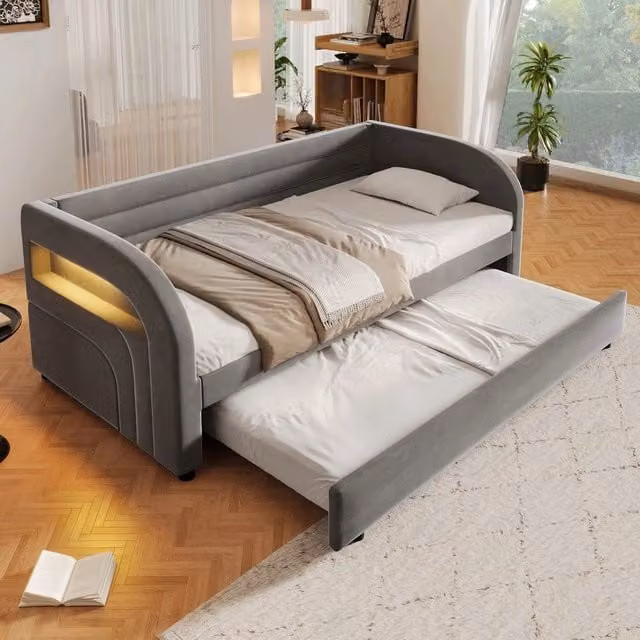 Letto imbottito con letto estraibile e LED ¨C Minimal ¨C Grigio 90x200 cm