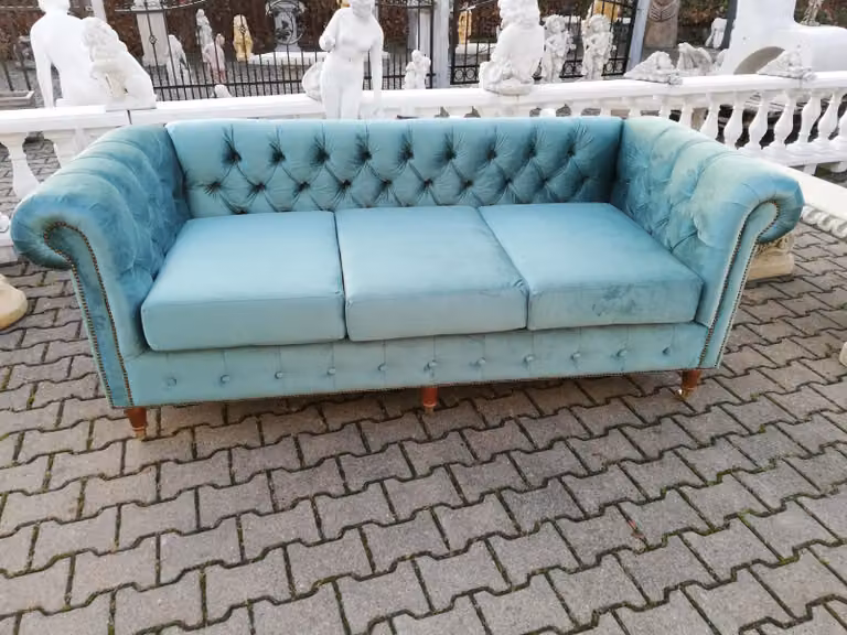 Design Chesterfield Sofagarnitur 3-Sitzer Stoff Couch Blau Polster Sofas