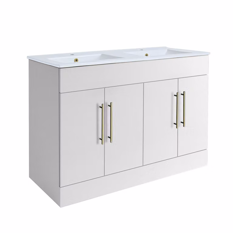 Mobile Bagno a Terra Bianco da 1210mm con Doppio Lavabo e Maniglie con Barra a T in Oro Satinato - Cluo