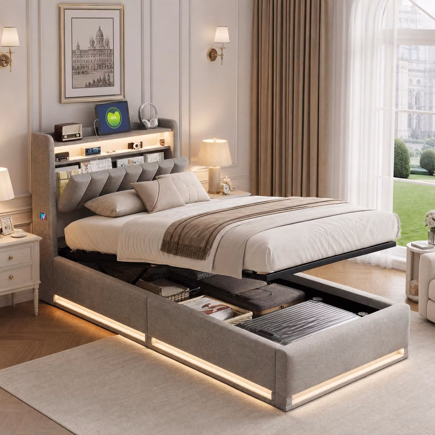 Letto imbottito INONEFT, 90 x 200 cm, con sistema di sollevamento idraulico, contenitore e rete a doghe, letto singolo con LED e porta USB, letto per bambini, rivestito in velluto, colore grigio, senza materasso