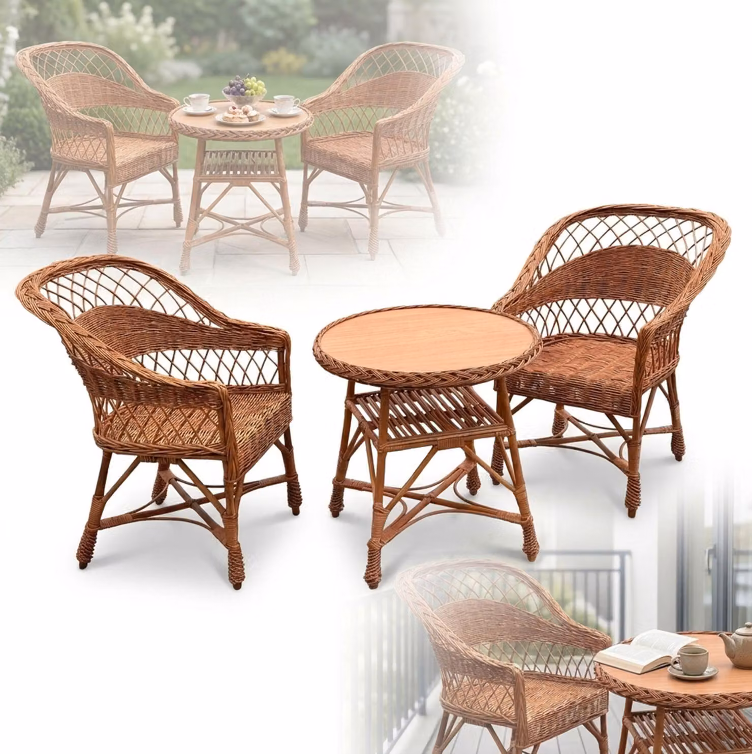 SET DI MOBILI DA GIARDINO: 2 poltrone decorative e un tavolino rotondo in legno naturale da terrazza