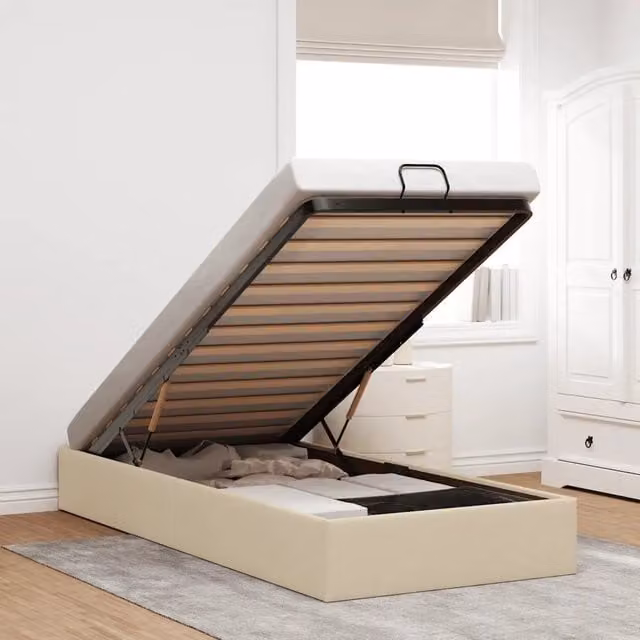 Struttura Letto con Contenitore a Sollevamento vidaXL in Tessuto Beige L 90 x P 200 cm – 1