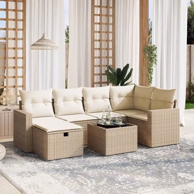 Set Divani da Giardino 7 pz con Cuscini Beige in Polyrattan 3263494
