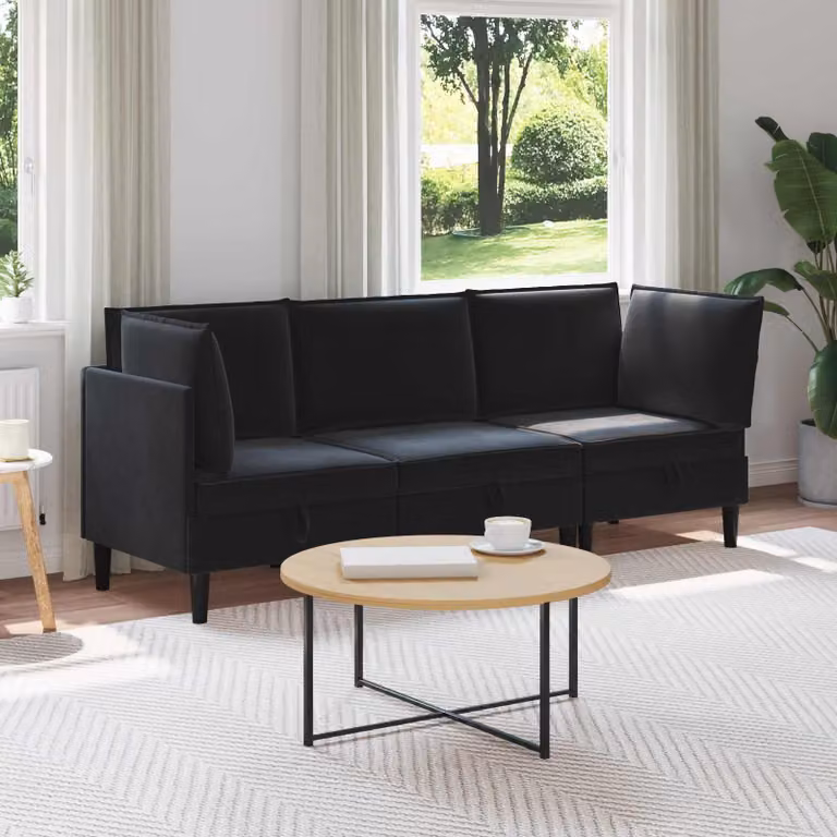 Set di mobili per il soggiorno vidaXL in velluto nero composto da 3 pezzi con divano a 3 posti e elemento angolare a forma di L