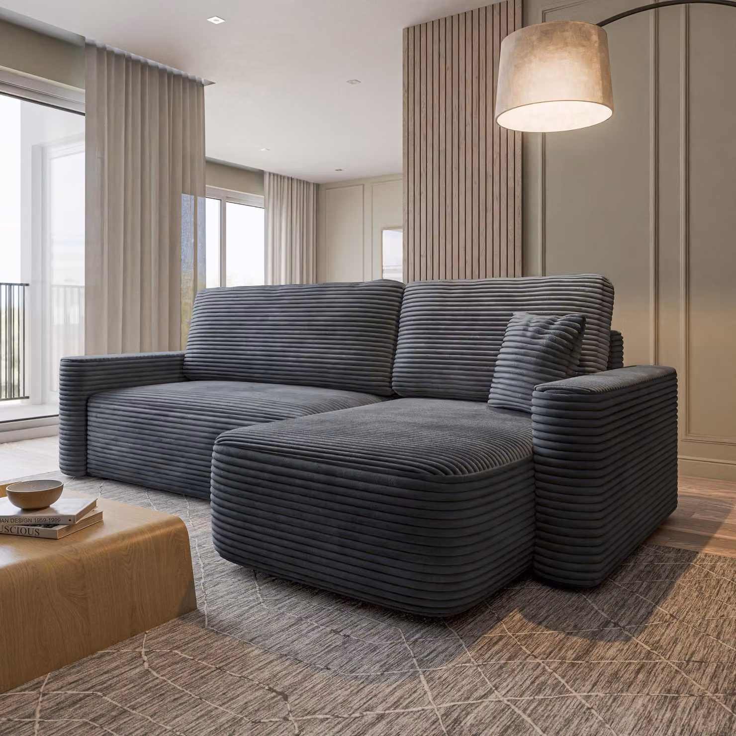 Divano ad angolo Masseno NERI T con funzione letto a L, divano con contenitore, divano da salotto, divano, divano letto, set divani - Grigio, TILIA 90