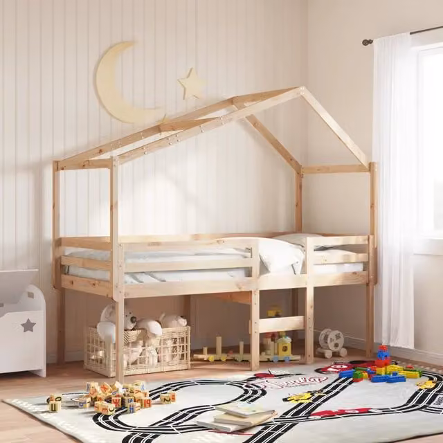 Letto singolo | Letto per adulti | Letto a Soppalco con Tetto 90x200 cm in Legno di Pino