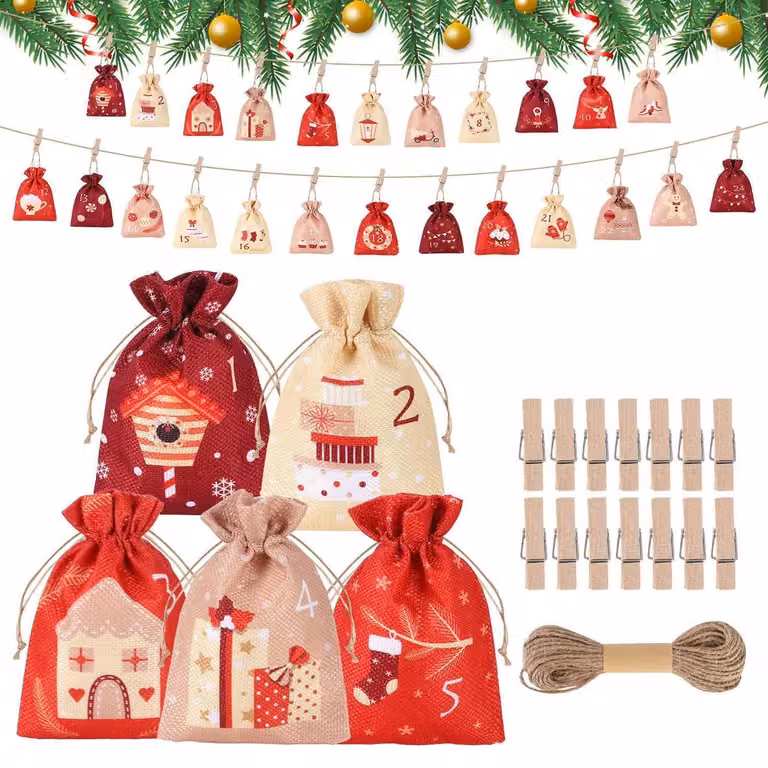 Calendario dell'Avvento da riempire: 24 sacchetti regalo con mollette di legno e corda di canapa, dimensioni 10x15 cm, cotone, Natale 2026