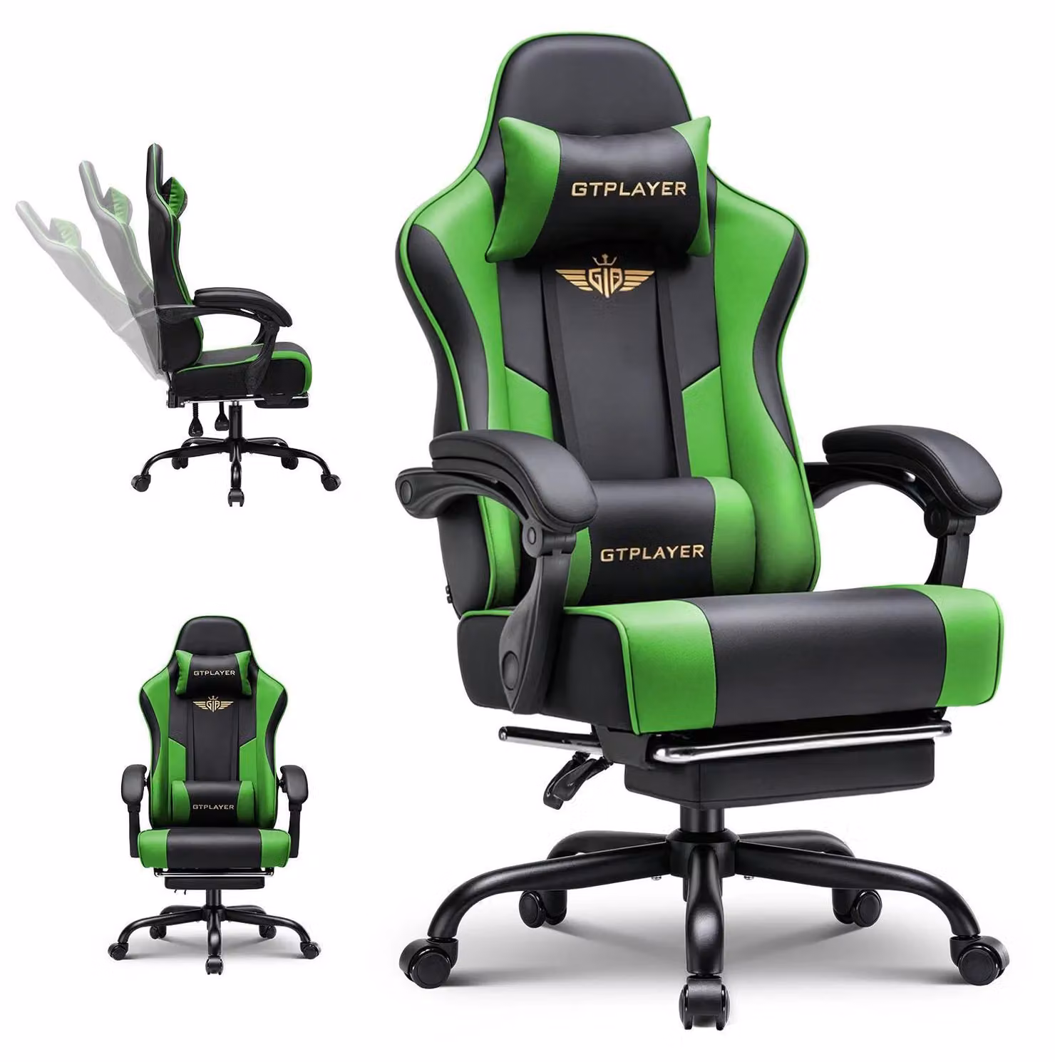 Sedia da gaming, sedia da ufficio - Ergonomica - Con poggiapiedi - Regolabile in altezza - Sedia girevole con rotelle e braccioli - Poggiatesta e supporto lombare - Ecopelle - Verde