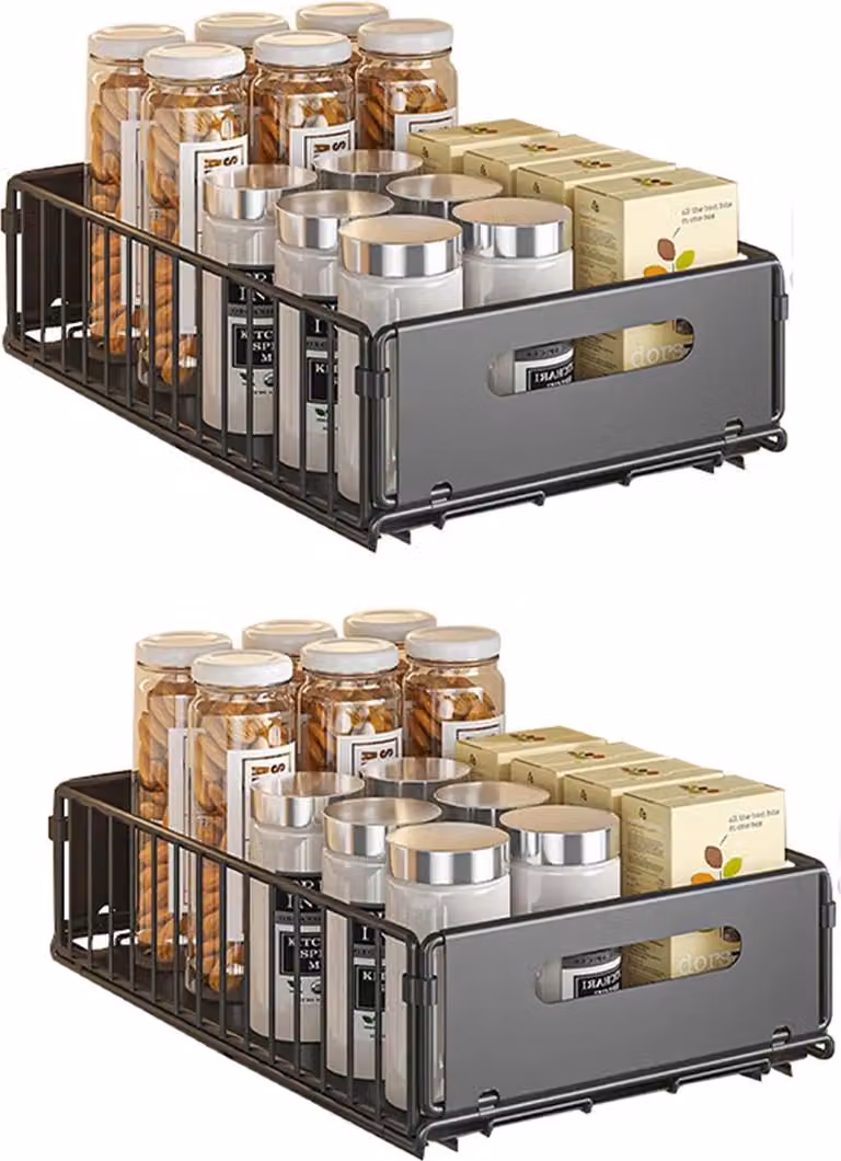 Set da 2 cesti estraibili - Organizzatore per armadietti da cucina - Contenitore per lo spazio sotto il lavello - Scaffalatura in metallo - per cucina e bagno - colore nero