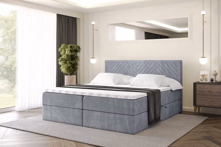 Letto boxspring ALTDECOR con materasso e rete a doghe, topper, letto imbottito con contenitore, letto con spazio contenitivo e materasso H3, letto matrimoniale, letto a cassettoni - VEXA - 180x200 - Grigio Casablanca