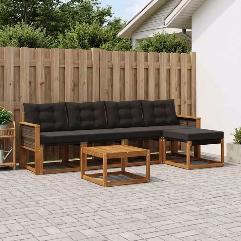 Set di divani da esterno vidaXL a forma di L in legno di acacia con tavolino e pouf, colore marrone e nero