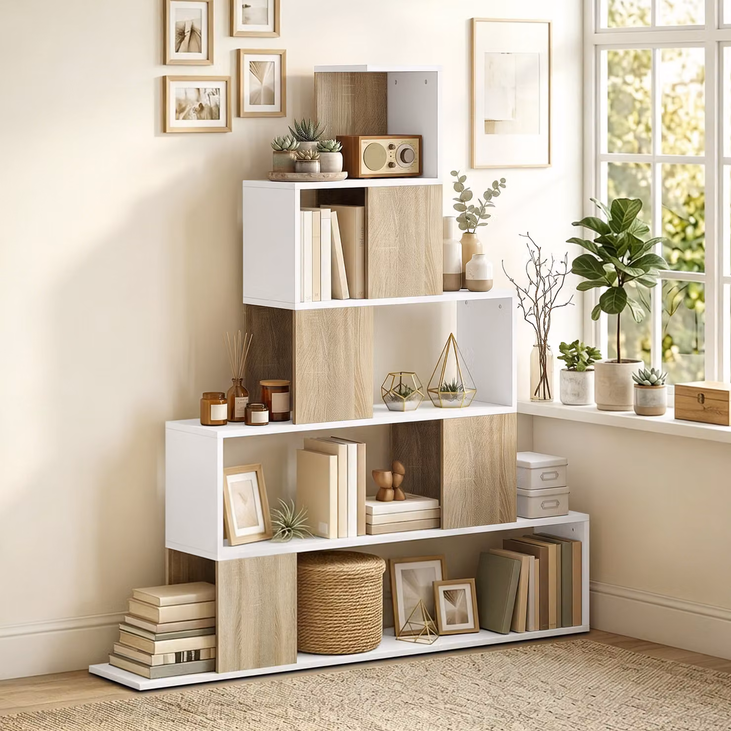 Libreria a scala HOMCOM con 5 ripiani design moderno bianco e beige – 2