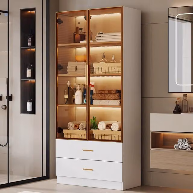 Armadio da bagno alto con 2 ante in vetro, 2 cassetti e vani aperti, in MDF bianco, per bagno e ingresso, 75 cm