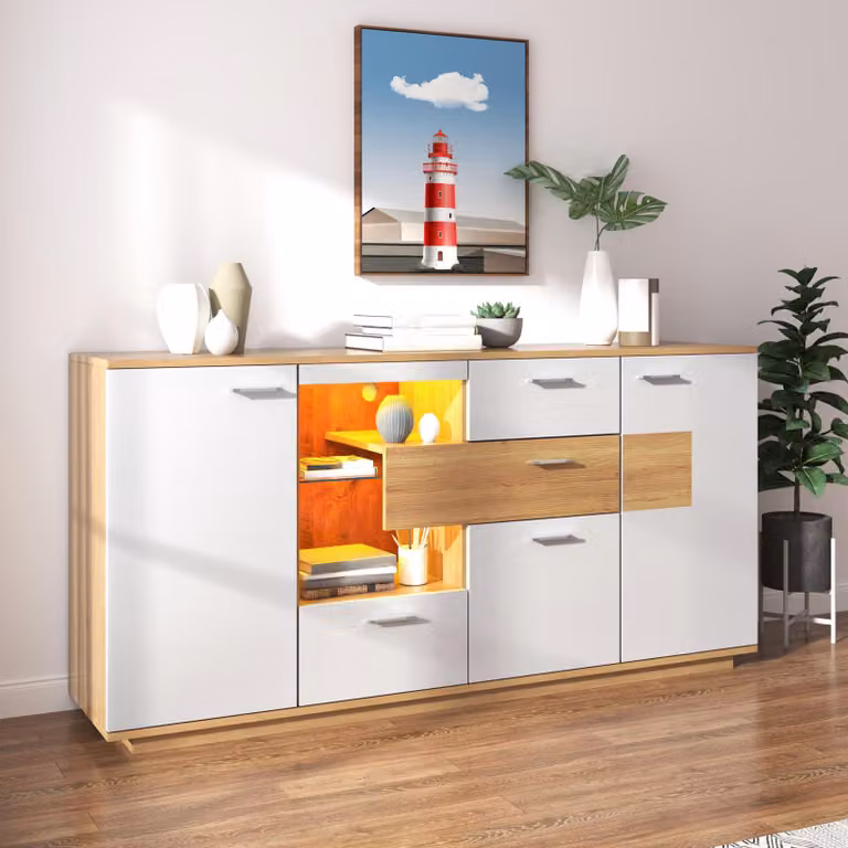 Credenza MODFU con ampio spazio di archiviazione, con illuminazione a LED, (160 L x 40 H x 77 H (cm) naturale + bianco), mobile da soggiorno, mobile multiuso