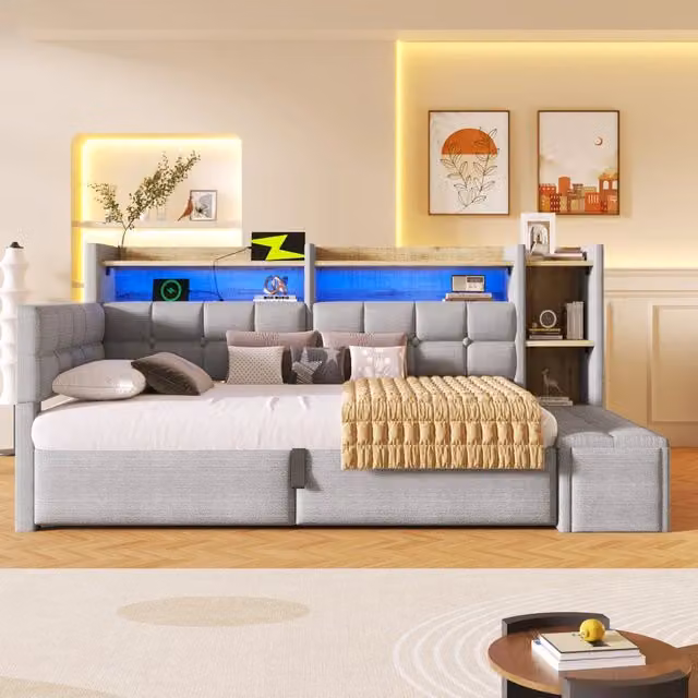 Letto da giorno 90x200 cm in velluto con accumulo idraulico LED e USB-C - Grey