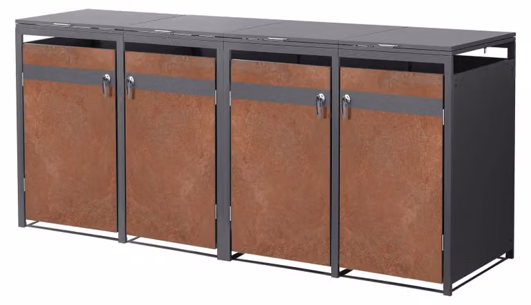 Contenitore per bidoni della spazzatura ML-Design, modello per 4 bidoni, capacità 240 litri ciascuno, dimensioni 264x80x120 cm, finitura effetto ruggine antracite, acciaio, resistente agli agenti atmosferici, rivestimento per bidoni della spazzatura con c