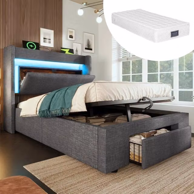 Letto imbottito moderno CIPACHO in tessuto grigio con base contenitore a sollevamento, illuminazione sottostante, porta USB e mensola laterale, L/P/H: 90 x 200 cm