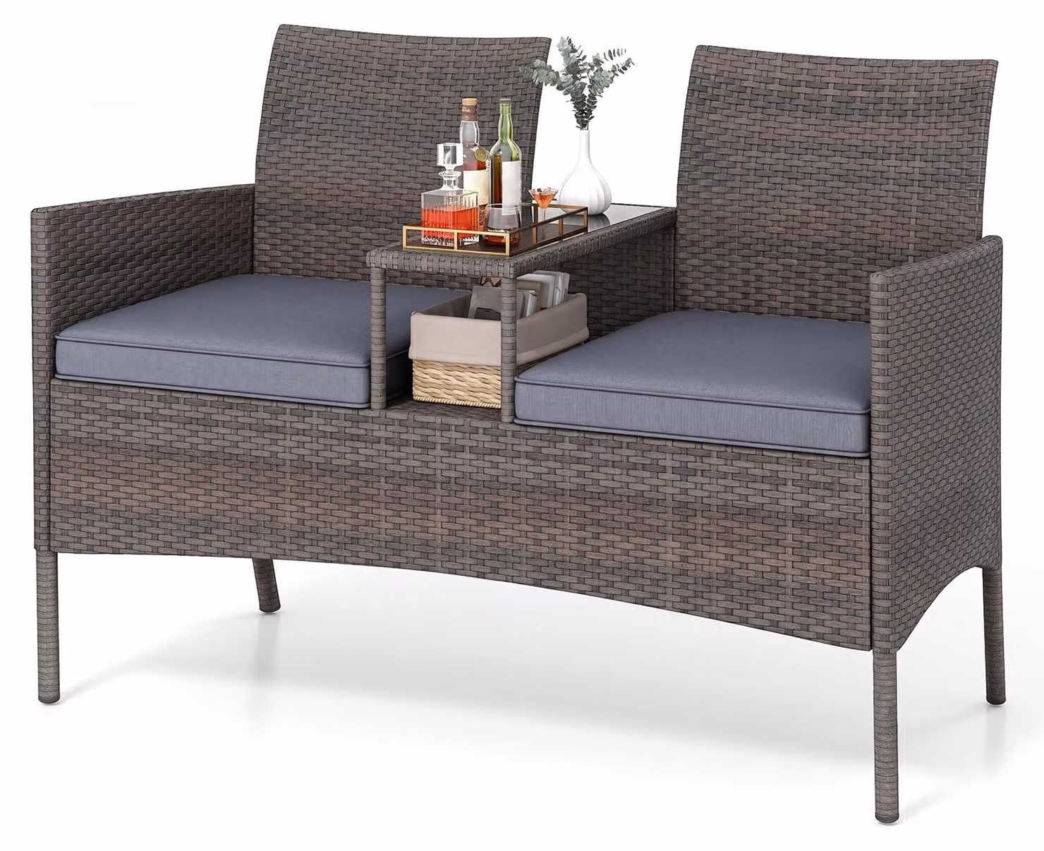 Panca da giardino con tavolo COSTWAY, panca a 2 posti in polyrattan, gruppo di sedute, mobili da giardino, mobili da patio, mobili da balcone resistenti alle intemperie grigio