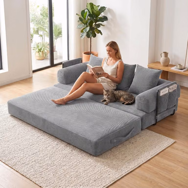 LVHOM Divano letto pieghevole in tessuto a coste, letto da giorno modulare con struttura in metallo, divano letto pieghevole con contenitore, portata 300 kg, grigio chiaro