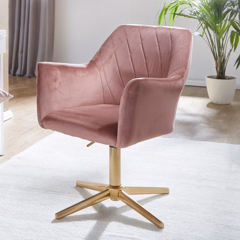 FineBuy Sedia da scrivania in velluto rosa, sedia girevole con schienale, sedia a scocca, portata 120 kg, regolabile in altezza, sedia da lavoro senza rotelle, sedia da scrivania per l'ufficio a casa