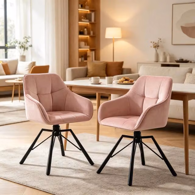 Set di 2 sedie girevoli WISHDOR in velluto rosa con braccioli e struttura in metallo per sala da pranzo, cucina o soggiorno