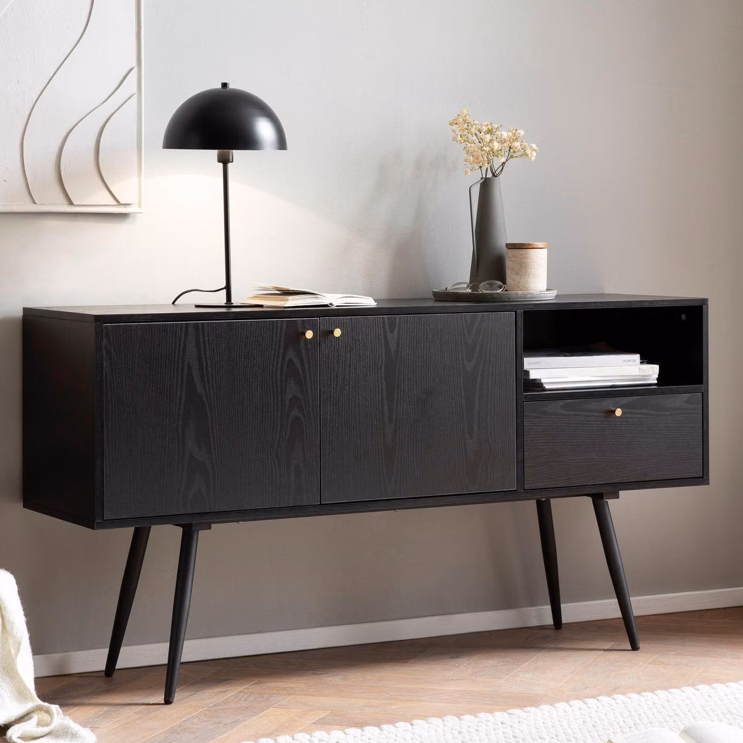 FineBuy Credenza 140x75x40 cm, comò nero con finitura rovere, design intramontabile, comò alto da salotto con 2 ante e un cassetto