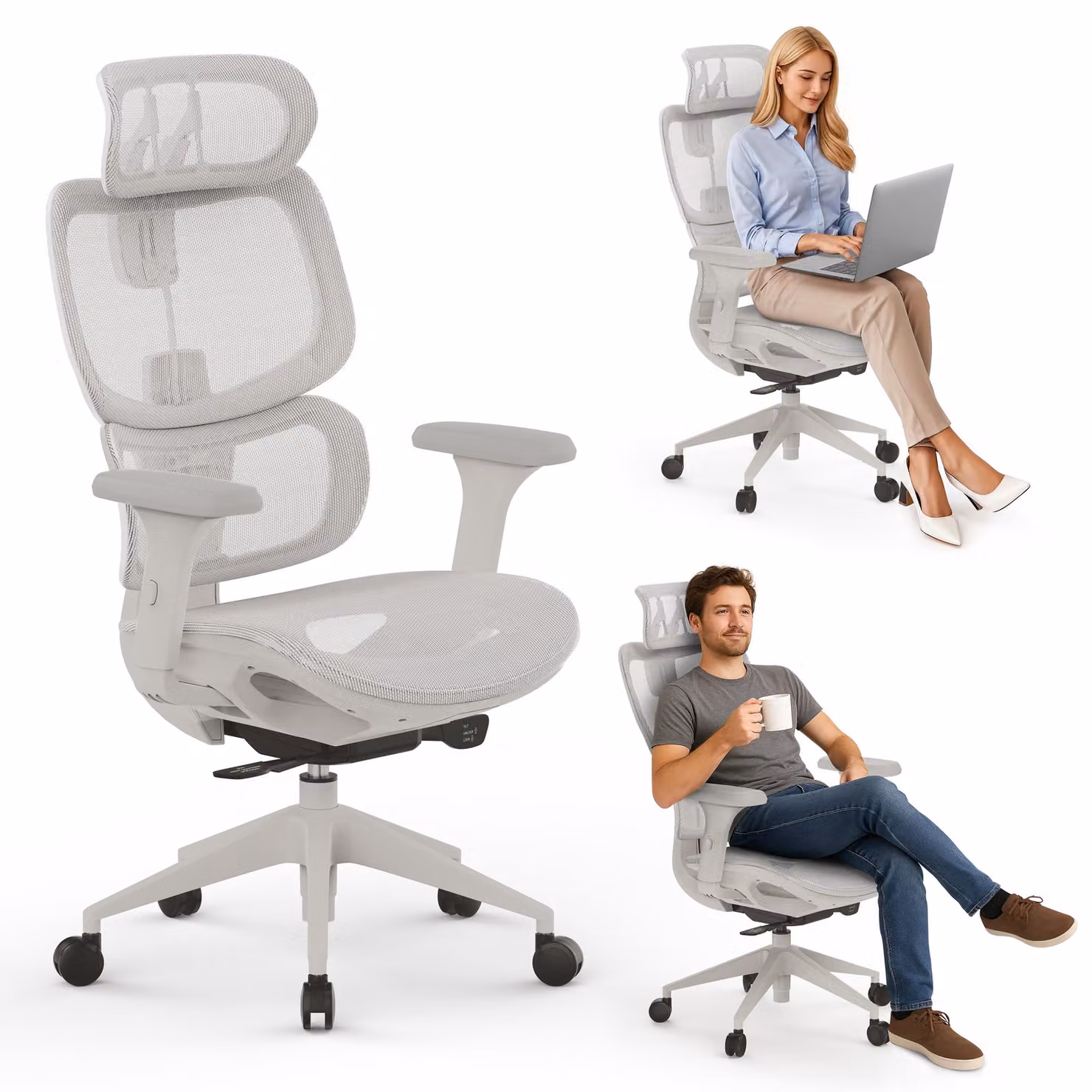 SENSE7 Nobu sedia ergonomica da ufficio sedia da scrivania schienale regolabile braccioli e poggiatesta fino a 130 kg sedia da computer grigio chiaro sedia da gioco