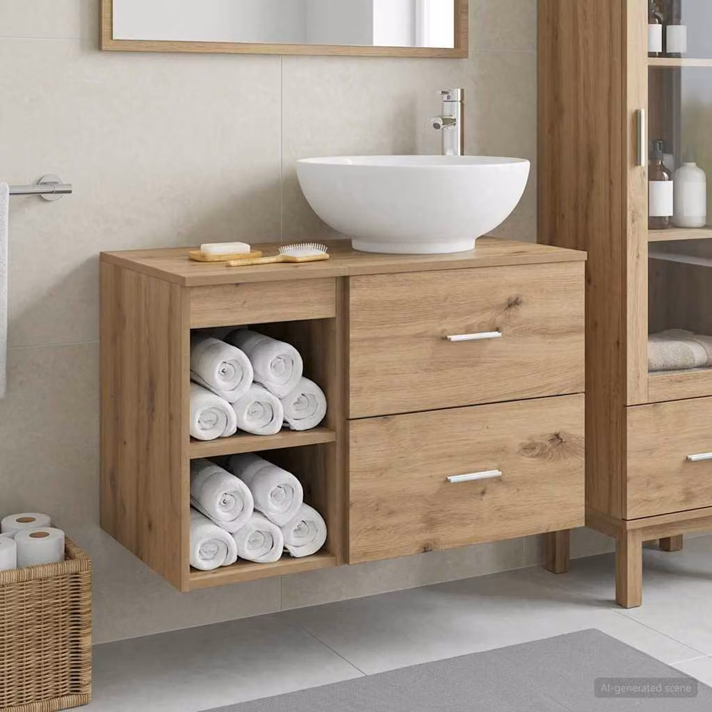 Set di mobili per il bagno moderno vidaXL in legno marrone composto da mobile lavabo e mobile contenitore sospeso L/P/H: 80,0 x 44,5 x 35,25 cm