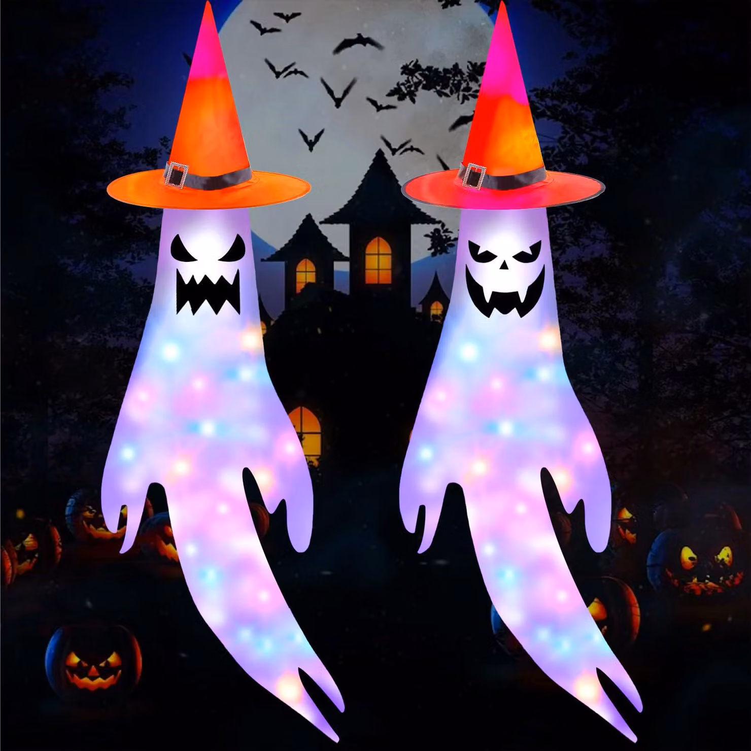 Calze decorative a forma di fantasmi per Halloween, confezione da 2, con luci LED, lunghezza 200 cm