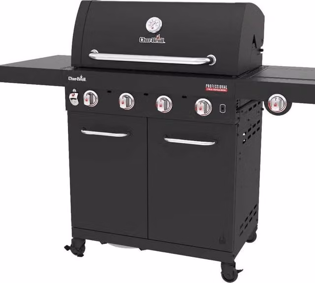 Barbecue a gas Char-Broil Professional Core B4 con 3 bruciatori, fornello laterale e rack riscaldante in acciaio nero