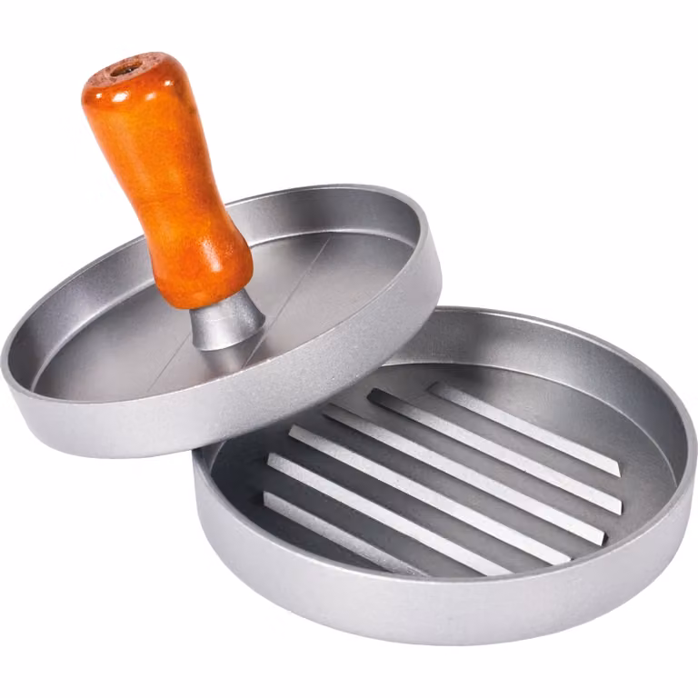 GUSTO CASA Pressa per hamburger in alluminio pressofuso e legno, colore argento, Diametro: 12 cm, Altezza: 8,5 cm