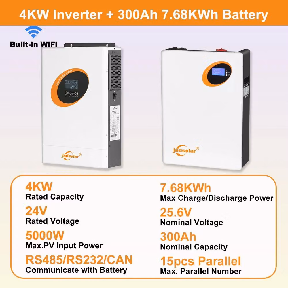 Sistema di accumulo di energia solare: inverter da 4 kW + batteria da 7,68 kWh - tecnologia LiFePO4 - 24 V, 300 Ah - oltre 6000 cicli - 150 A - interfaccia CAN/RS232/RS485
